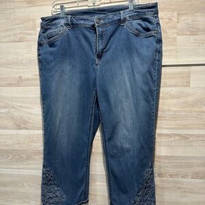 CJ Banks Women's Capri Blue Jeans with Embroidered Details